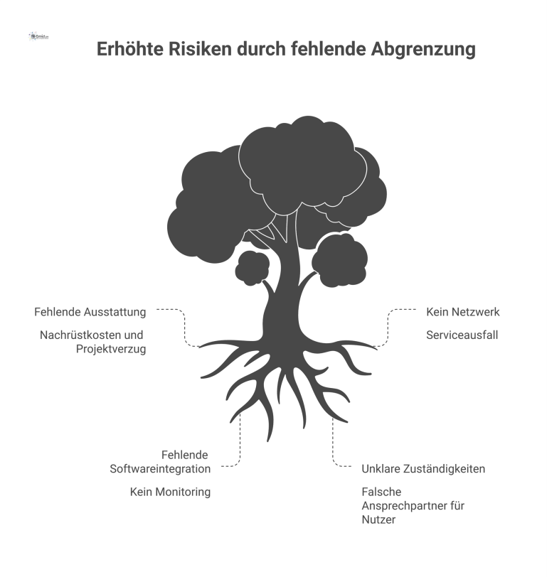 Kausalkettendiagramm zu Risiken durch fehlende Abgrenzung, das Ursachen wie fehlende Ausstattung mit Auswirkungen wie Projektverzug oder Serviceausfall verbindet.