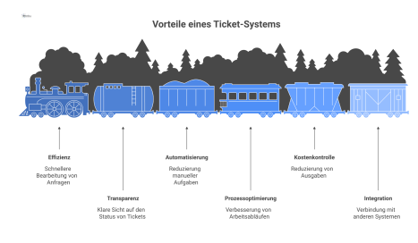 Moderne Infografik, die die sechs Kernvorteile eines Ticket-Systems zeigt: Effizienz, Transparenz, Automatisierung, Prozessoptimierung, Kostenkontrolle und Integration.