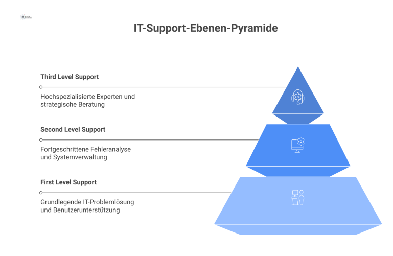 Infografik der IT-Support-Ebenen Pyramiden-Infografik der IT-Support-Ebenen, die den Third Level Support an der Spitze mit seinen Aufgaben und Expertenrollen zeigt.
