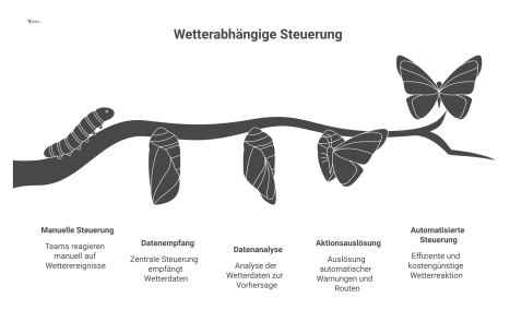  Infografik zur wetterabhängigen Steuerung: Wetterdaten werden analysiert, um Warnungen auszulösen und optimierte Routen für Räumfahrzeuge zu erstellen.