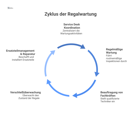  Ein Organigramm, das den Service Desk als zentrale Einheit zeigt, welche die vier Bereiche Wartung, Fachkräfte, Überwachung und Reparatur koordiniert. 