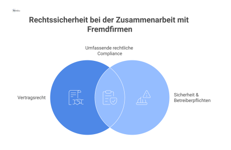 Infografik-Diagramm zum rechtssicheren Umgang mit Fremdfirmen, das die zwei Säulen Vertragsrecht und Sicherheit & Betreiberpflichten mit Unterpunkten zeigt.