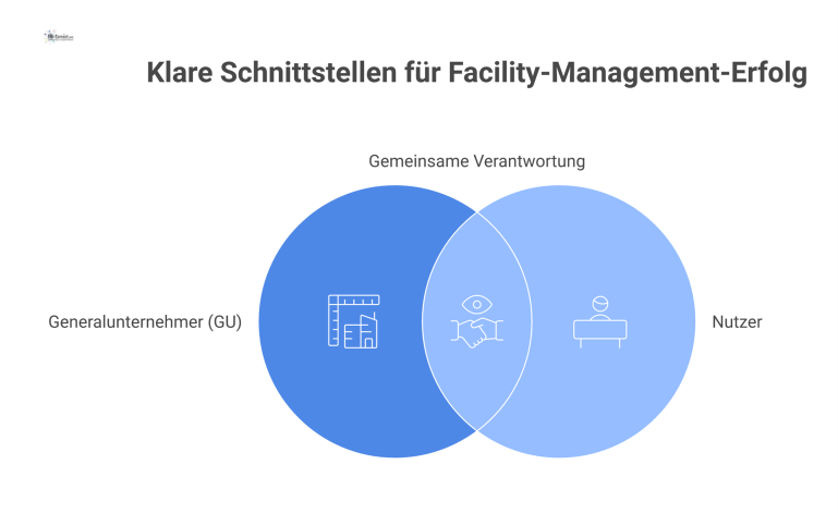 Diagramm zur Zweiteilung der Verantwortlichkeiten zwischen Generalunternehmer und Nutzer bei Datenanschluss, Tisch, Netzwerk, GLT-Zugriff, Ergonomie und Akustik.