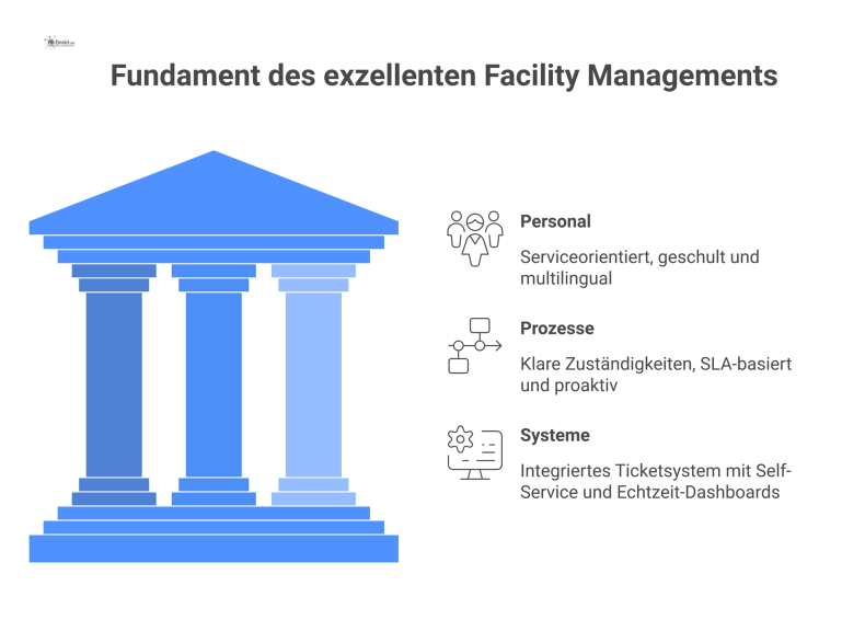 Infografik der drei Säulen für exzellentes Facility Management: Personal, Prozesse und Systeme als Fundament für hohe Nutzerzufriedenheit.