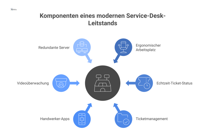 Schematische Infografik eines modernen Service-Desk-Leitstands, der einen Arbeitsplatz, Monitore mit Dashboards und verbundene Systeme wie Ticketing und Server zeigt.
