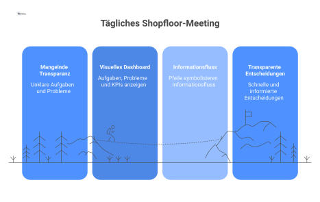 Infografik eines Shopfloor-Meetings im Facility Management mit einem Dashboard, das Aufgaben, Probleme und KPIs für ein Servicedesk-Team darstellt.
