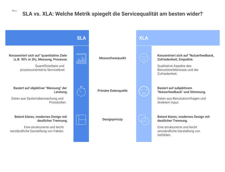 Vergleich von SLA und XLA Eine Infografik, die Service Level Agreements (SLA) mit Experience Level Agreements (XLA) in zwei Spalten vergleicht.