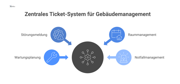 Infografik eines zentralen Ticket-Systems mit den vier Bereichen Störungsmeldung, Raummanagement, Wartungsplanung und Notfallmanagement für das Gebäudemanagement.