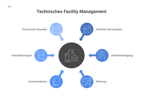 Infografik eines zentralen Servicedesks für technisches Facility Management, der Kerndienste wie Wartung für verschiedene Immobilientypen und Gewerke bereitstellt. 