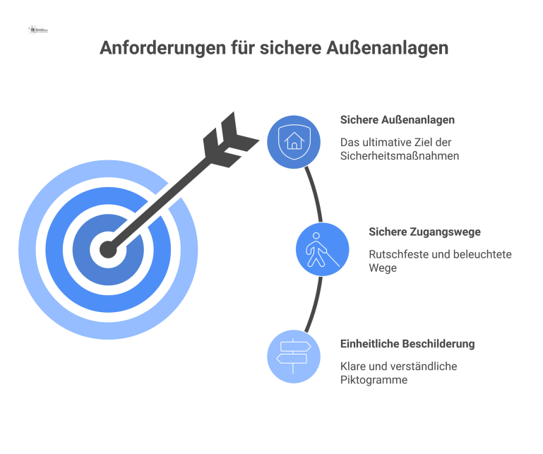 Diagramm zu Außenanlagen, das Anforderungen für sichere Zugangswege und eine einheitliche Beschilderung zur Orientierung visuell darstellt. 