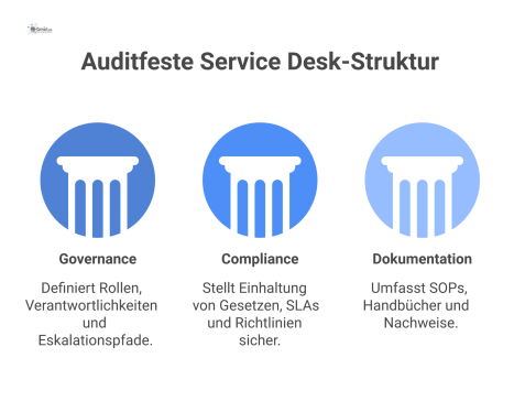 Diagramm eines auditfesten Service Desks, der auf den drei Säulen Governance, Compliance und Dokumentation für einen transparenten Betrieb basiert.