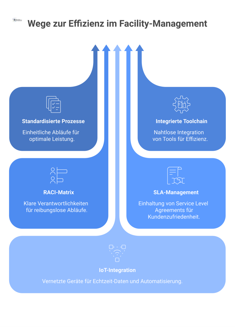 Infografik zu den Vorteilen eines integrierten Management-Systems, das durch standardisierte Prozesse zu höherer Anlagenverfügbarkeit und Kostentransparenz führt. 