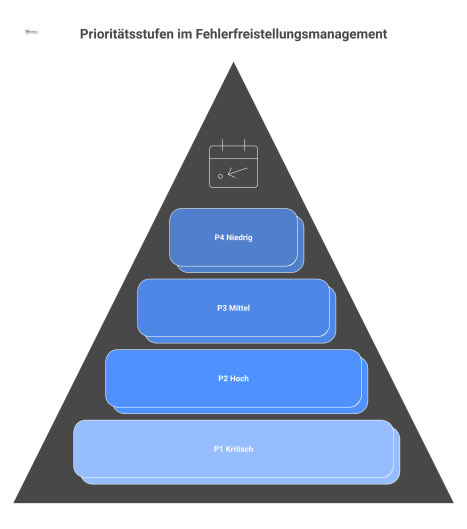  Infografik mit vier vertikalen Spalten, welche die Prioritätsstufen P1 bis P4 mit Symbolen und Farben von kritisch bis niedrig darstellen.