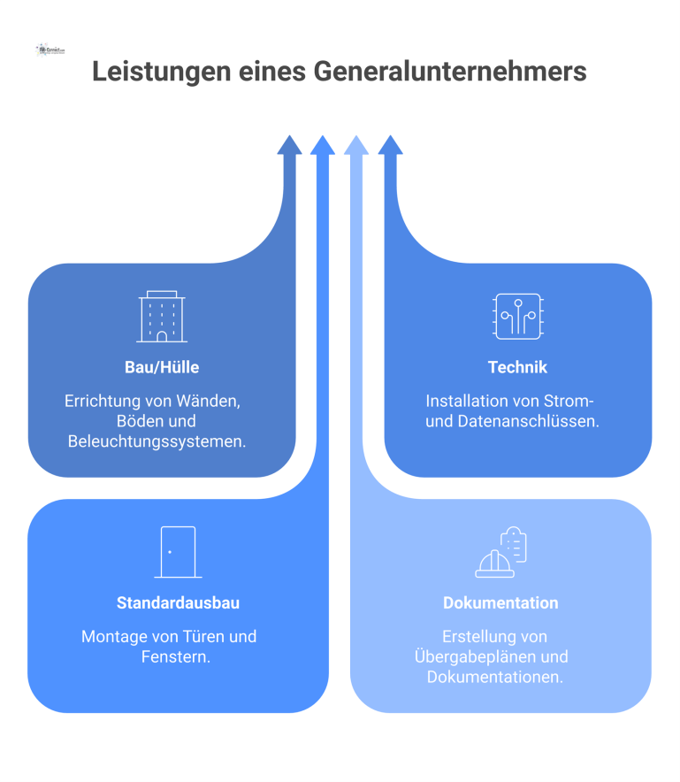 Eine Infografik gliedert die Leistungen eines Generalunternehmers in Bau, Technik, Standardausbau und Dokumentation und zeigt separat nicht enthaltene Elemente.