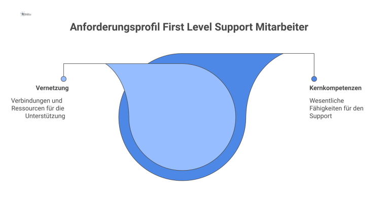 Infografik zum Anforderungsprofil für First Level Support, die Kernkompetenzen wie Technik und Kommunikation sowie die interne und externe Vernetzung darstellt. 