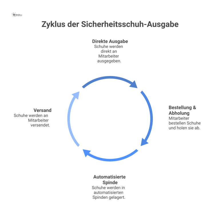 Flussdiagramm zur Ausgabe von Sicherheitsschuhen Flussdiagramm, das vier Prozesse zur Ausgabe von Sicherheitsschuhen vom Service Desk aus darstellt: Direktausgabe, Bestellung, Spinde und Versand.