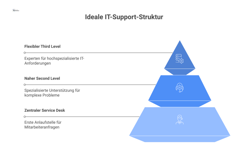 Ideale IT-Support-Struktur mit drei Ebenen Diagramm einer dreistufigen IT-Support-Struktur, das den Eskalationspfad für Anfragen und einen Feedback-Loop zur kontinuierlichen Verbesserung zeigt.