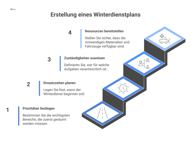 Infografik eines Winterdienstplans Infografik, die einen Winterdienstplan mit seinen vier Kernbereichen darstellt: Prioritäten, Einsatzzeiten, Zuständigkeiten und benötigte Ressourcen wie Fahrzeuge.