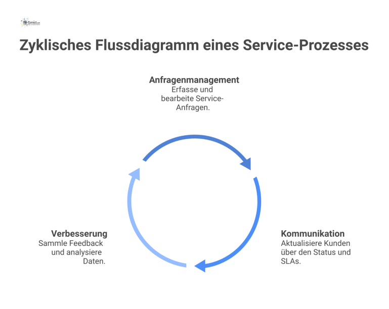 Zyklisches Flussdiagramm eines Service-Prozesses Ein zyklisches Flussdiagramm, das einen Service-Prozess in den drei Phasen Anfragenmanagement, Kommunikation und Verbesserung darstellt, die einen Kreislauf bilden.