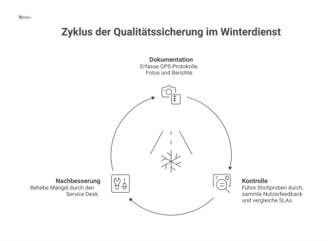 Diagramm zur Qualitätssicherung im Winterdienst, das die Hauptbereiche Dokumentation und Kontrolle zeigt, woraufhin eine Nachbesserung durch den Service Desk folgt.