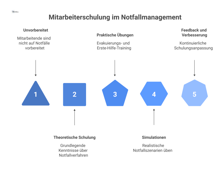 Mitarbeiterschulung im Notfallmanagement Infografik zeigt ein zentrales Schutzschild für Sicherheit, verbunden mit Piktogrammen für theoretische Schulung, praktische Übungen, Simulationen und Feedback.