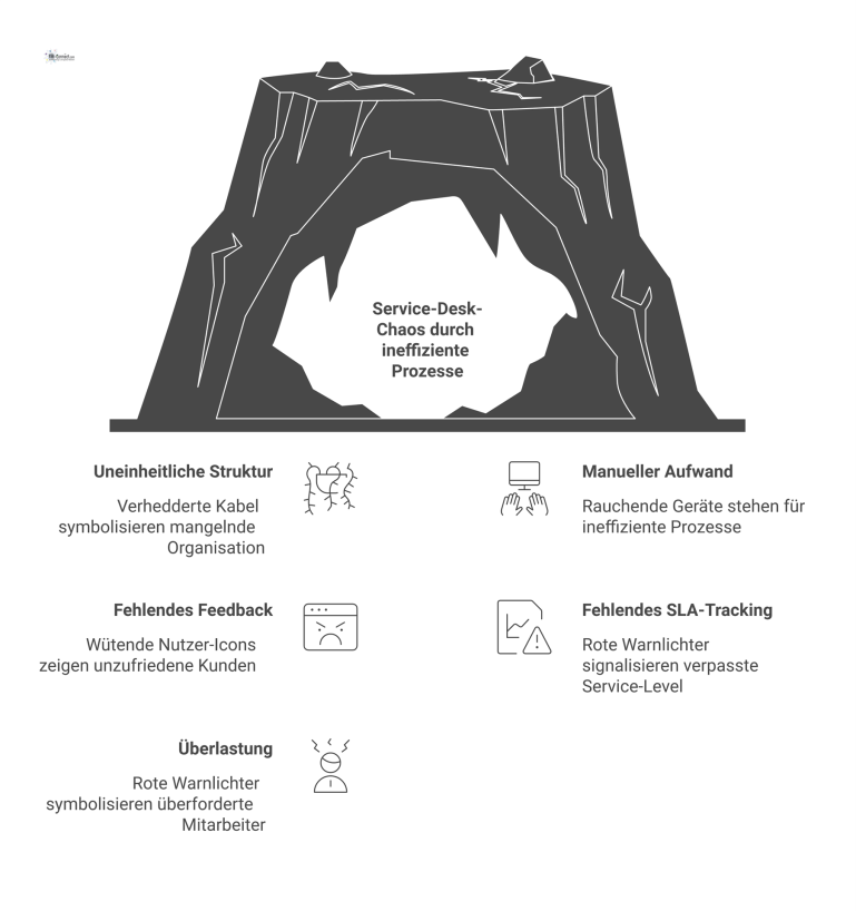  Infografik eines überlasteten Service-Desk Mitarbeiters umgeben von Kabelsalat, rauchenden Geräten, wütenden Nutzern und roten Warnlichtern. 