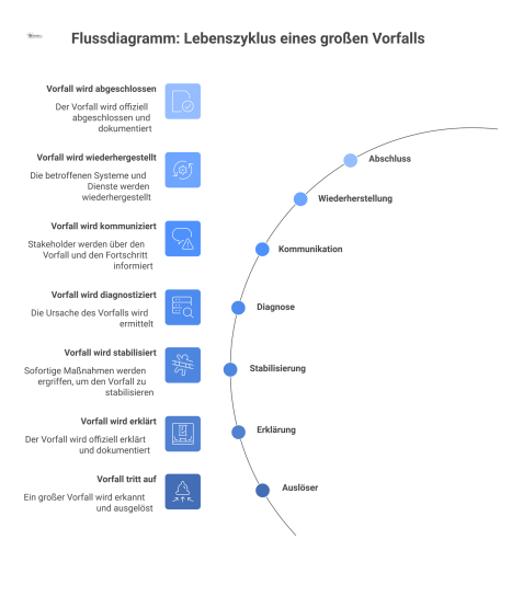 Flussdiagramm, das den Lebenszyklus eines großen Vorfalls darstellt, von der Auslösung über verschiedene Phasen bis zur Post-Mortem-Analyse.