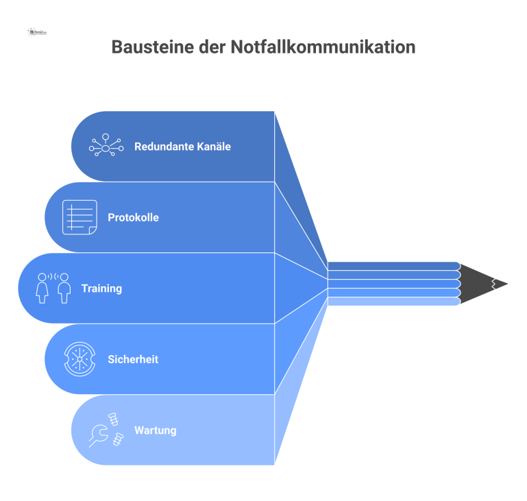 Notfall-Kommunikationssystem als Infografik Infografik eines Notfall-Kommunikationssystems mit einem zentralen Hub, der redundante Kanäle verbindet und von flankierenden Maßnahmen umgeben ist.