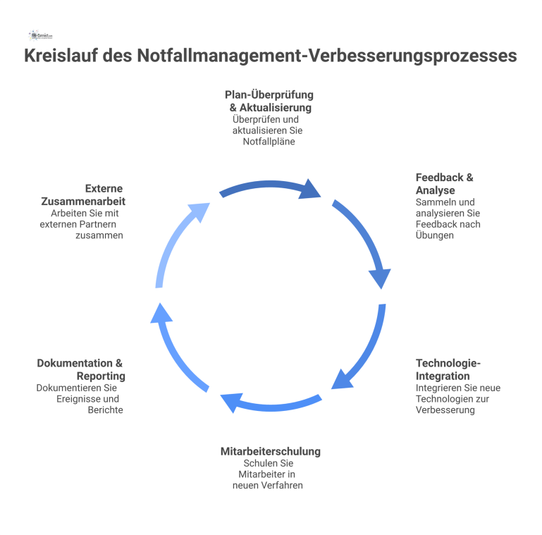 Verbesserungsprozess im Notfallmanagement als Kreislauf Kreislaufdiagramm des kontinuierlichen Verbesserungsprozesses im Notfallmanagement, das sechs Phasen mit Icons darstellt, darunter Plan-Überprüfung, Feedback und Mitarbeiterschulung.