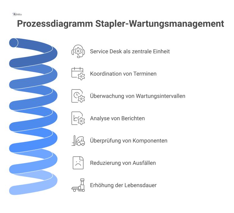 Prozessdiagramm Stapler-Wartungsmanagement Prozessdiagramm des Stapler-Wartungsmanagements, bei dem der Service Desk als zentrale Einheit Techniker koordiniert und Wartungsintervalle zur Instandhaltung überwacht.