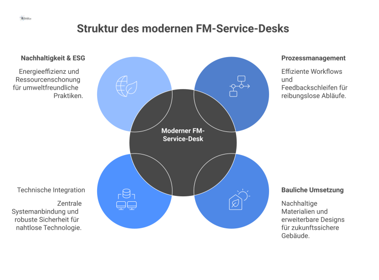 Infografik eines modernen FM-Service-Desks als zentraler Hub, gestützt auf die vier Säulen Prozessmanagement, bauliche Umsetzung, technische Integration und Nachhaltigkeit. 