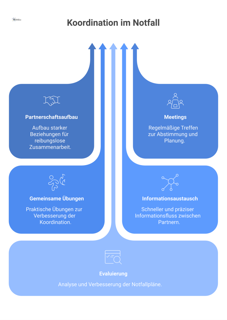 Diagramm der Zusammenarbeit im Notfallmanagement zwischen einer zentralen Organisation und externen Partnern wie Feuerwehr, Polizei und Krankenhäusern. 